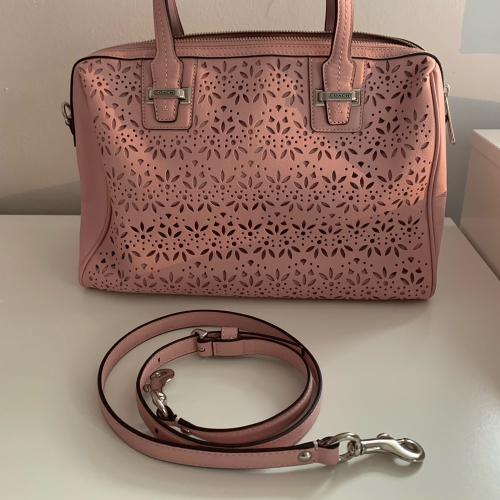 Coach Laser Cut Floral Satchel Bag in Pink with detachable Shoulder Strap